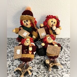 Primitive Country Rustic Plush Raggedy Anne/Andy Christmas Set of 4 NWT